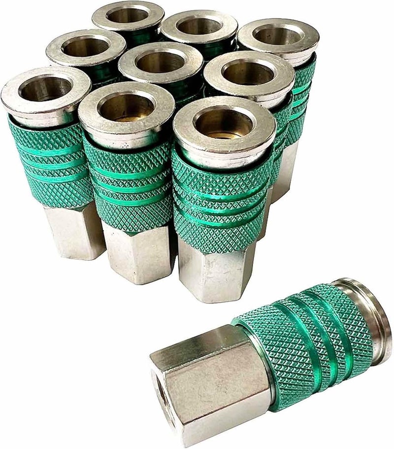 SANFU 1/4-Inch Steel Female Industrial Coupler, Auto-Locked Design, Air Hose Fittings 1/4-Inch Female Threads Quick Connector Air Coupler with Storage Case, 10-Pack(Green) - Image 1